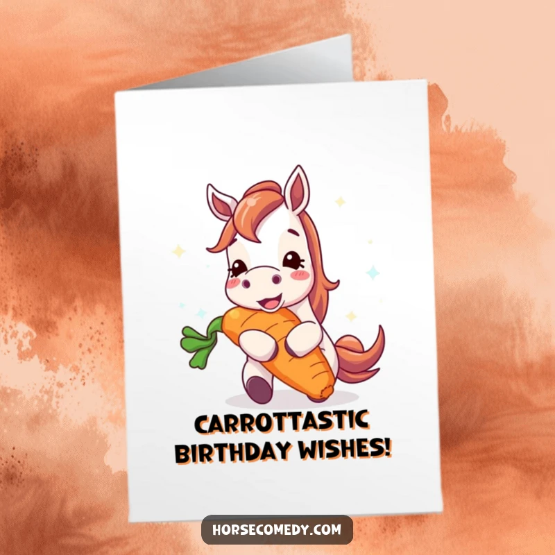 Funny Free Printable Birthday Card: Happy horse gleefully chomping a huge, glowing carrot, a hilarious downloadable gift.