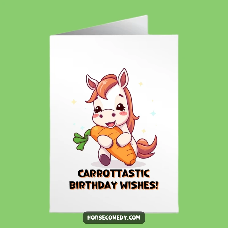 Free Printable Birthday Card: Funny Horse Eating Giant Carrot, Downloadable Horse Gift