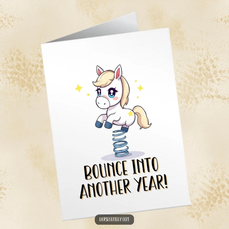 Funny Free Printable Birthday Card: A horse with stars in its eyes bounces excitedly on a spring.