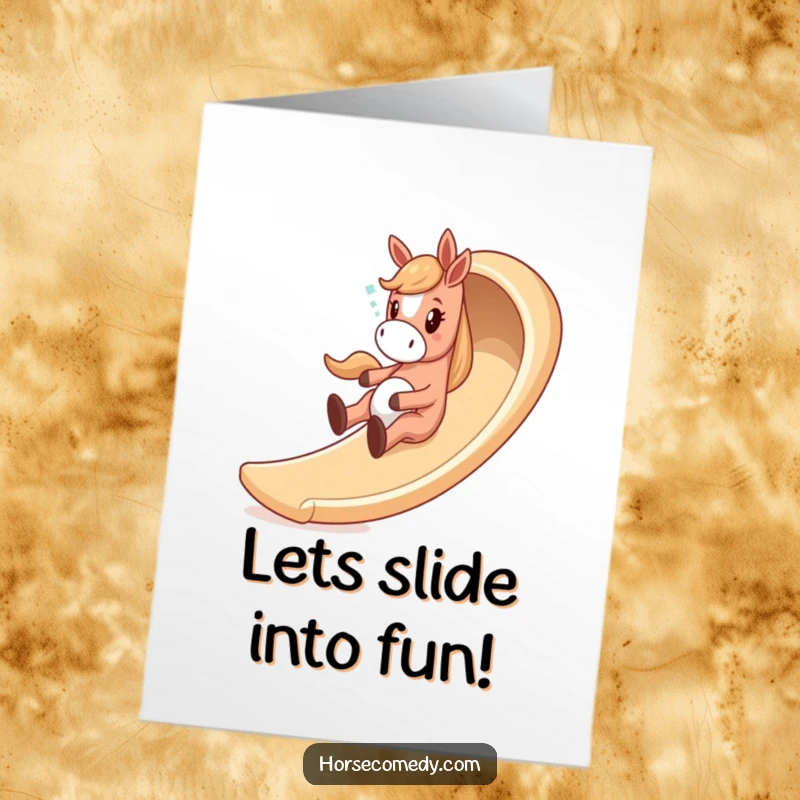 Funny Free Printable Birthday Card: Giddy horse joyfully sliding down a whimsical, winding slide, a fun gift.