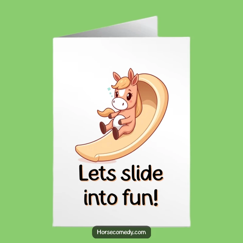 Free Printable Birthday Card: Giddy Horse on Slide, Funny Downloadable Horse Gift