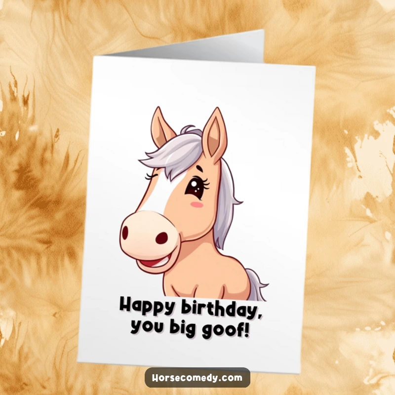 Funny Free Printable Birthday Card: Horse with comically oversized floppy ears, caught in a fit of joyful giggles.