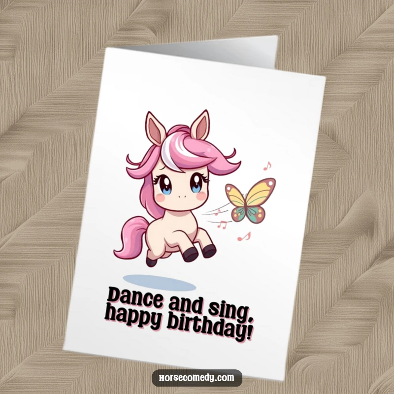 Funny Free Printable Birthday Card: A horse with twinkling eyes joyfully chases a beautiful butterfly composed entirely of musical notes.