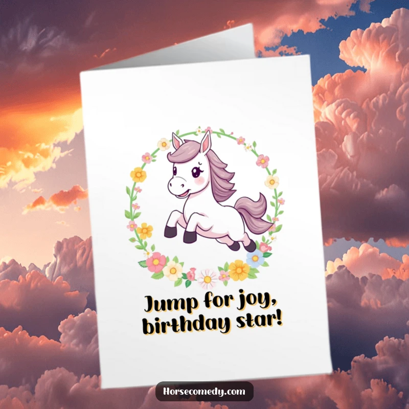 Funny Free Printable Birthday Card: Horse character joyfully leaps high through a sparkling hoop adorned with beautiful, colorful flowers.