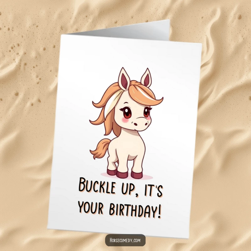 Funny Free Printable Birthday Card: A horse with a wide, flowing mane playfully bucks, full of birthday joy and energy.
