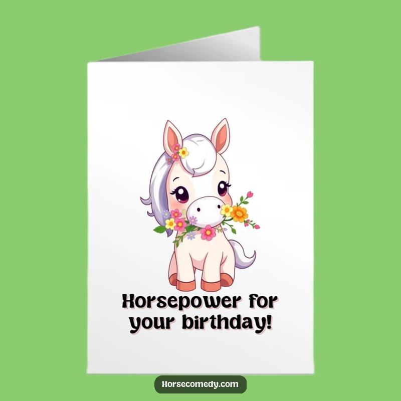 Free Printable Birthday Card: Tiny Horse with Flowers, a Funny Downloadable Gift
