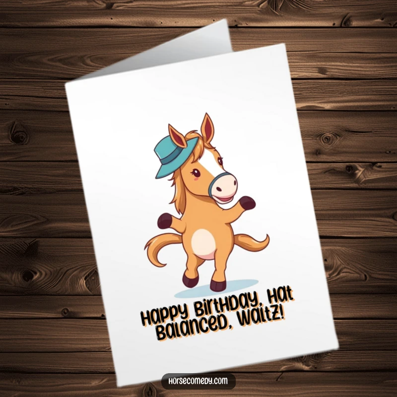 Elegant Free Printable Birthday Card: A horse character waltzes gracefully while balancing a hat on its nose.