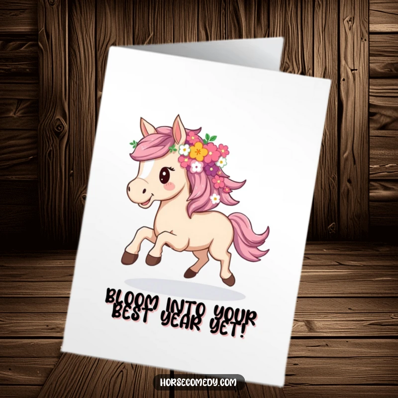 Funny free printable birthday card: A horse with a beautiful mane of flowers gallops with pure, unadulterated joy.