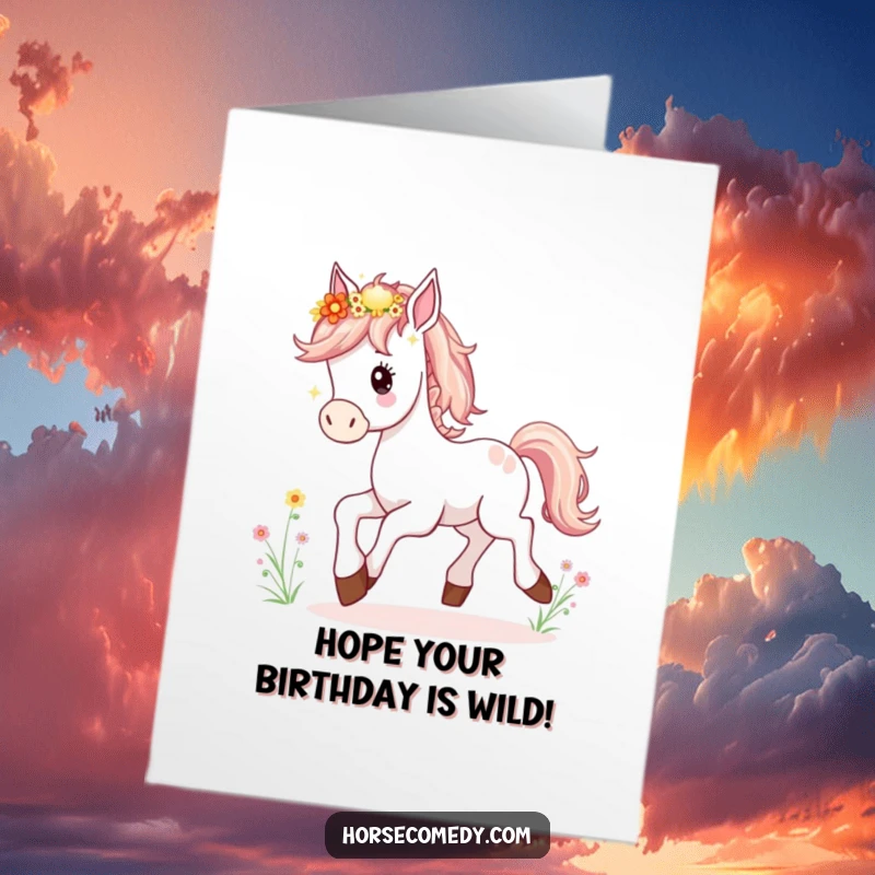 Free Printable Birthday Card featuring a happy horse foal prancing joyfully with wildflowers nestled in its mane.