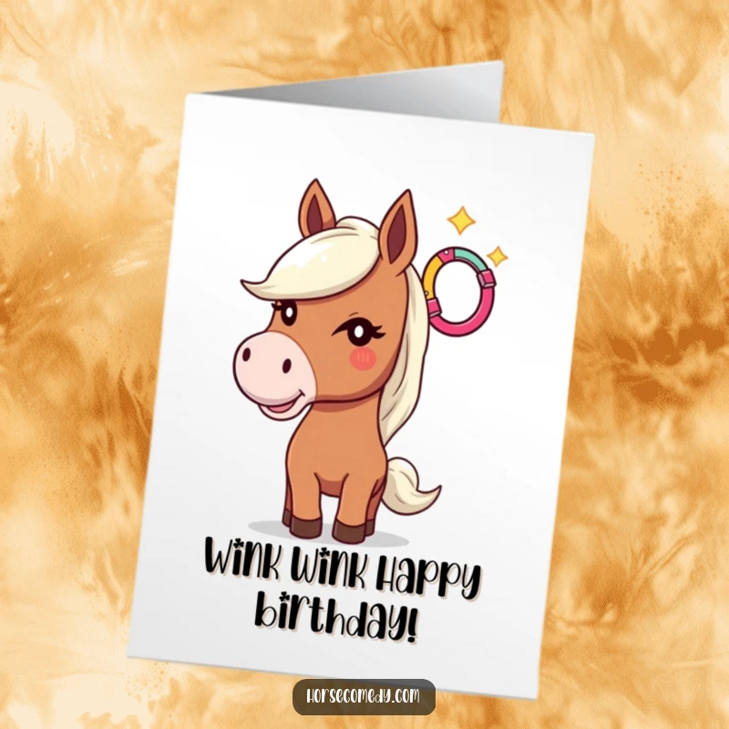 Funny Free Printable Horse Birthday Card: A winking horse playfully tosses a colorful horseshoe, celebrating your special day.