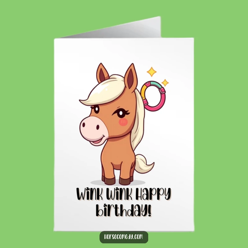 Free Printable Horse Birthday Card: Winking Equine Tosses Horseshoe Fun Funny Downloadable Gift
