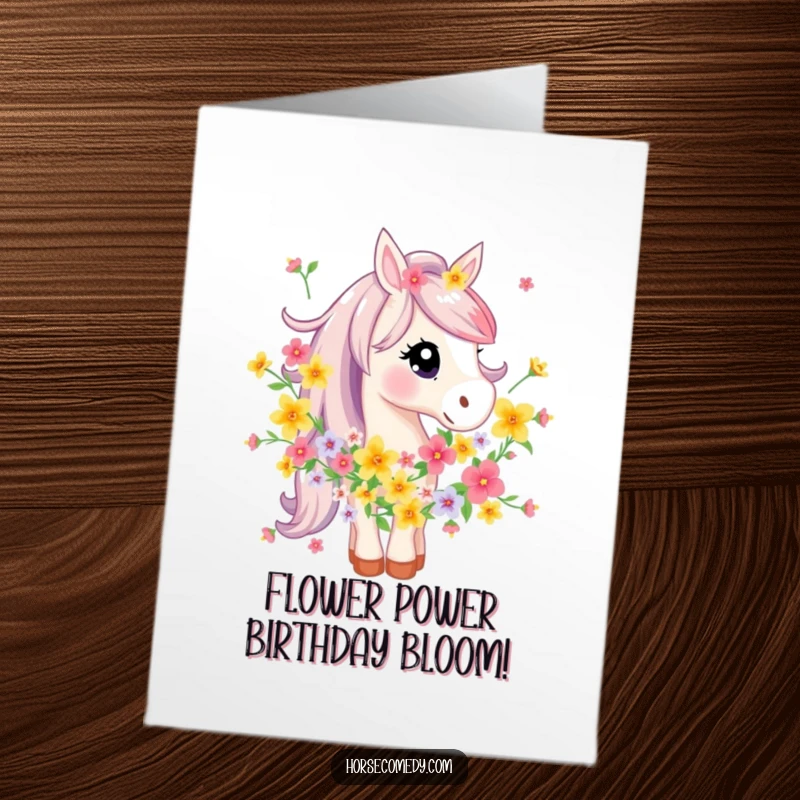 Funny Free Printable Birthday Card: A horse is playfully tangled in a vibrant garland of flowers, downloadable birthday bloom.