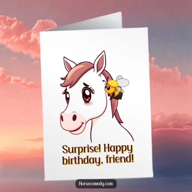 Funny Free Printable Birthday Card: A horse looks shocked as a bee playfully nudges its nose, downloadable whimsical birthday greeting.