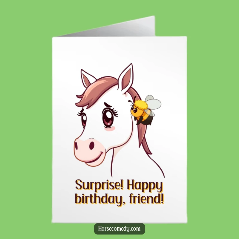 Funny Free Printable Birthday Card: Surprised Horse & Bee - Whimsical Downloadable Gift