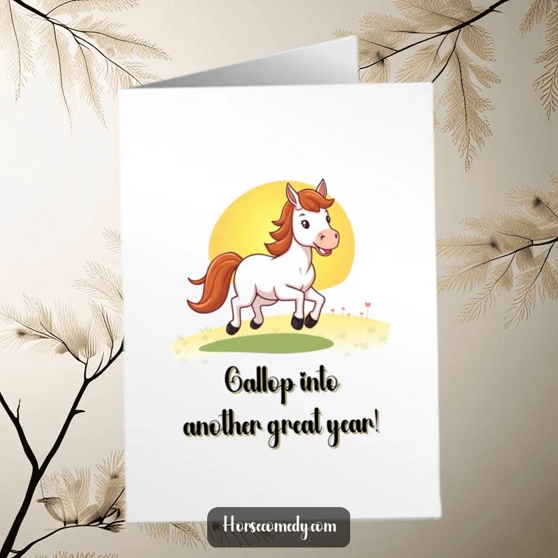 Funny Free Printable Horse Birthday Card: A joyful horse gallops toward a colorful sunset, perfect for a downloadable gift.