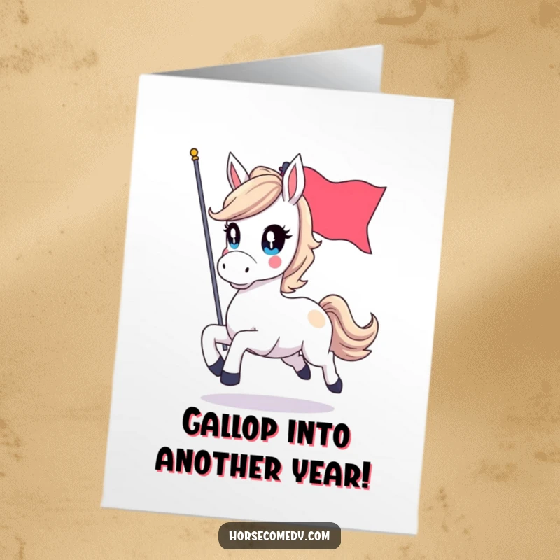 Funny Free Printable Birthday Card: An energetic horse with sparkling eyes, galloping proudly while holding a celebratory flag.