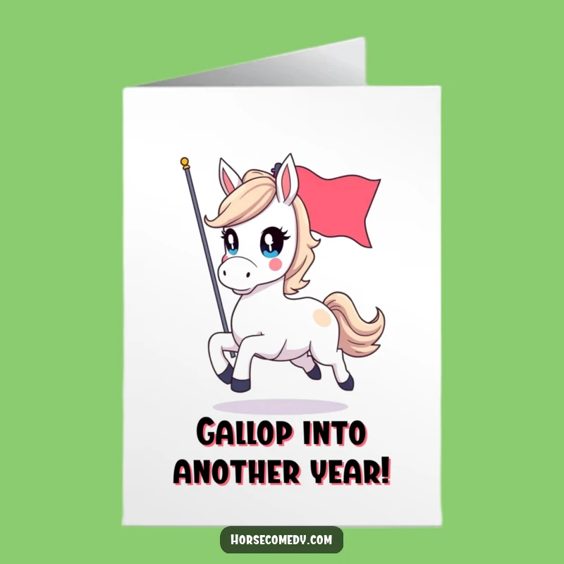 Free Printable Birthday Card: Galloping Horse with Flag, Funny Joyful Gift