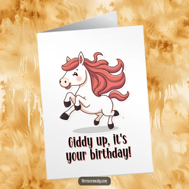 Funny Free Printable Birthday Card: A horse character joyfully galloping with legs kicked high in the air.