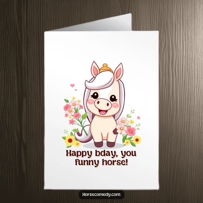 Funny Free Printable Horse Birthday Card: A smiling horse wearing a silly hat holds a bouquet of flowers for your birthday.
