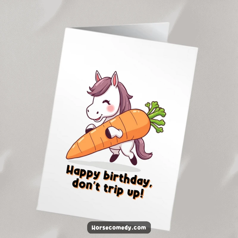 Funny Free Printable Birthday Card: A horse character tripping dramatically while struggling to carry a giant carrot, causing chaos.