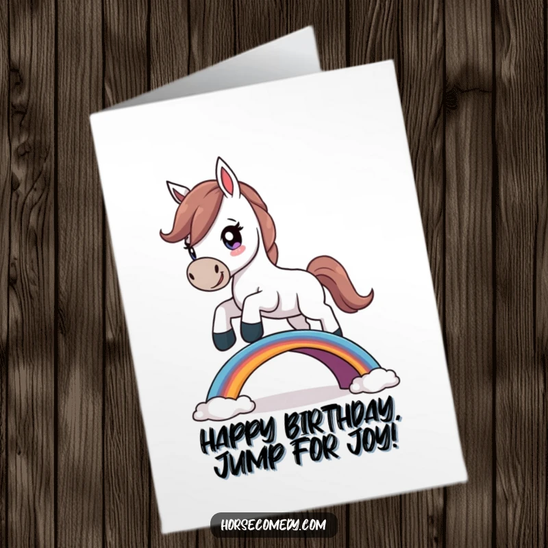 Funny Free Printable Birthday Card: A determined horse jumps bravely over a tiny, vibrant rainbow bridge.