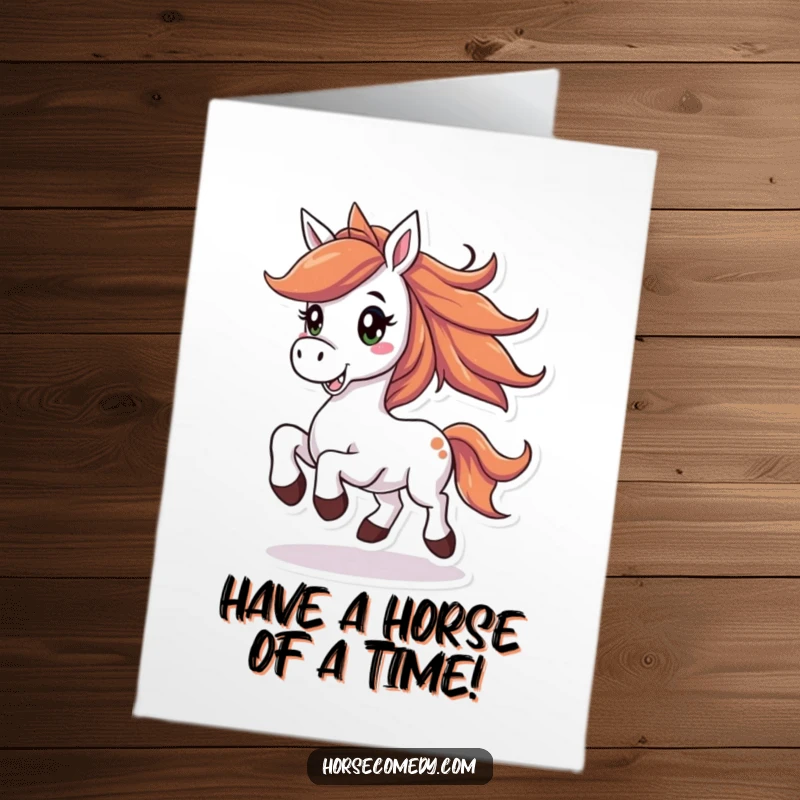 Funny Free Printable Birthday Card: Joyful horse with flowing mane prancing happily, spreading birthday cheer.