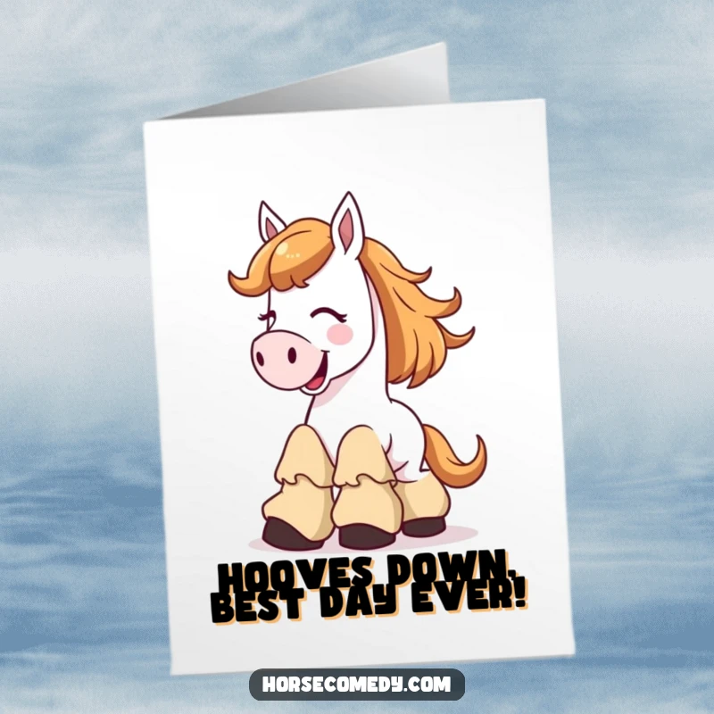 Funny free printable birthday card featuring a giggling horse character struggling hilariously with oversized, floppy boots.