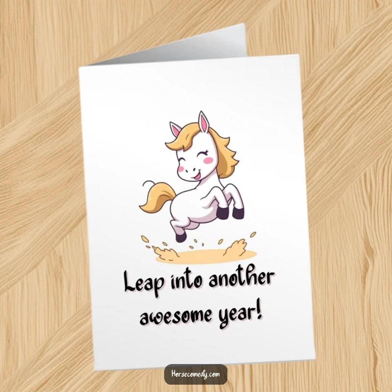 Funny free printable birthday card: A horse joyfully leaps, kicking up dust with pure excitement and birthday cheer.