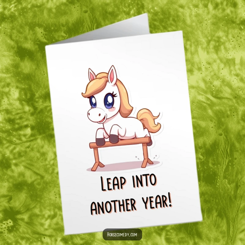 Funny Free Printable Birthday Card: Horse with huge sparkling eyes, playfully leaping over a tiny hurdle with excitement.