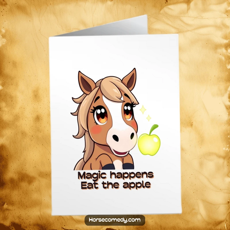 Funny Free Printable Horse Birthday Card: Wide-eyed horse marvels at a glowing magical apple, perfect for your special day.