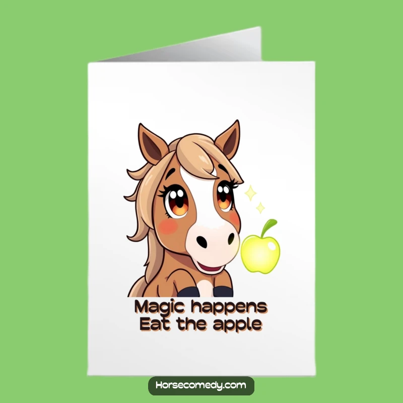 Free Printable Horse Birthday Card: Amazed Equine's Magical Apple Surprise Funny Downloadable Gift