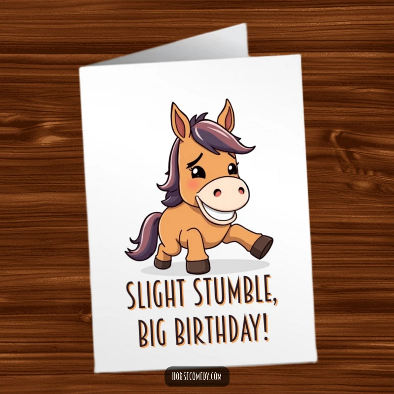 Funny Free Printable Birthday Card: A horse character momentarily stumbling but quickly recovering with a wide, goofy grin.