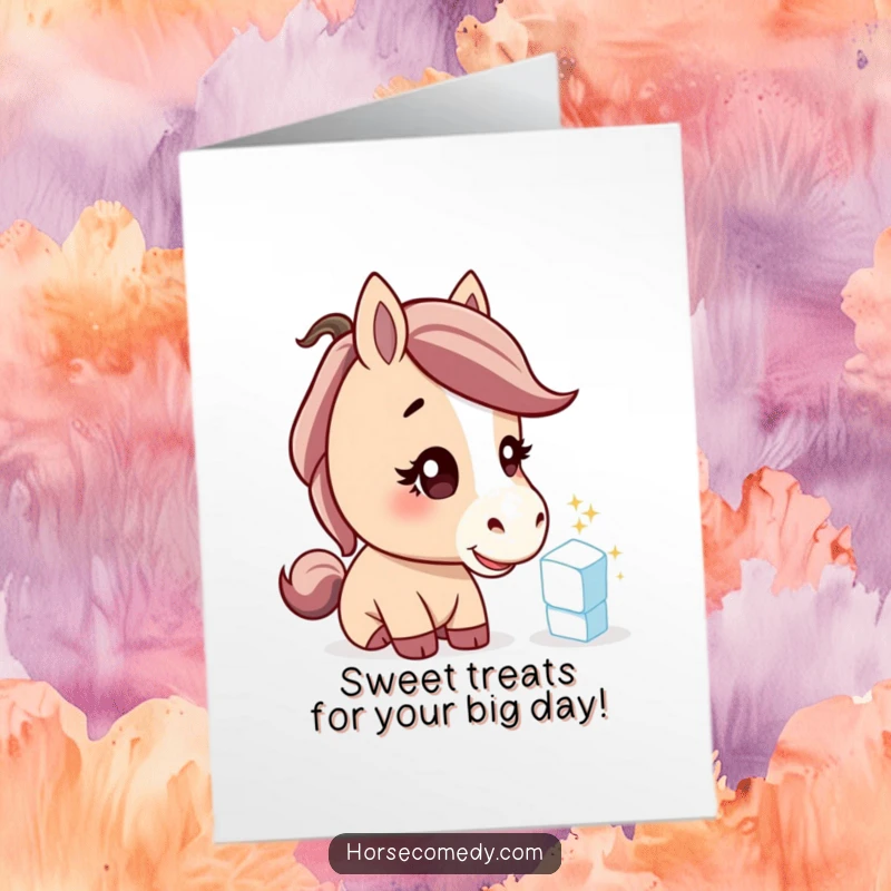 Funny Free Printable Birthday Card: A curious horse tilts its head, inspecting a shiny sugar cube with playful intent.