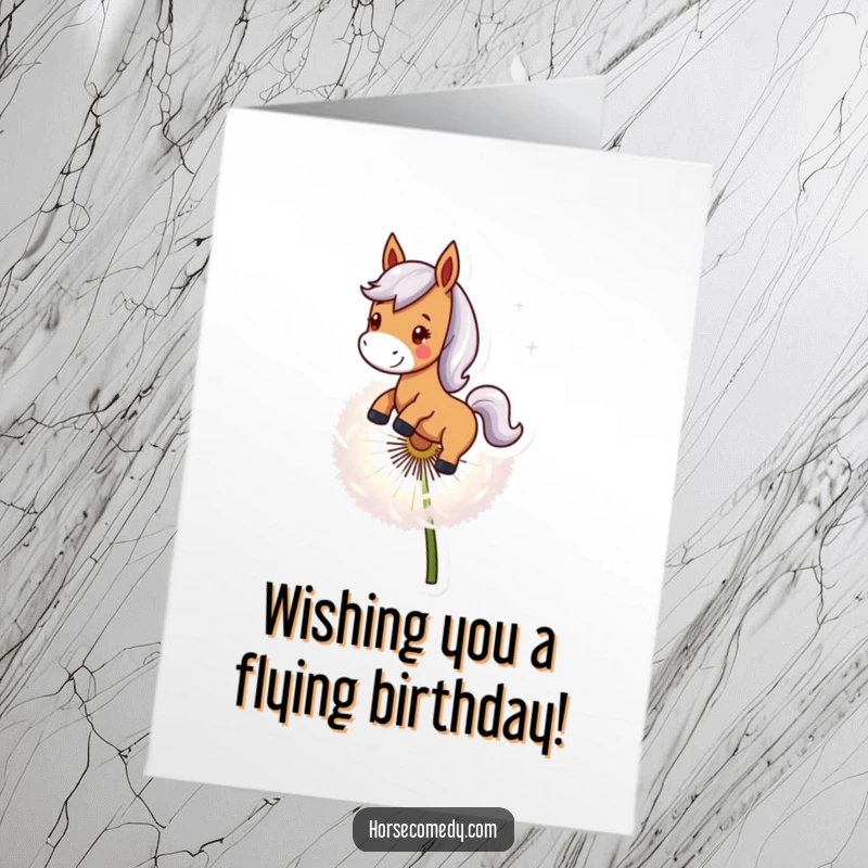 Funny Free Printable Birthday Card: A smiling horse rides a giant dandelion seed, floating gleefully, downloadable magical birthday wish.