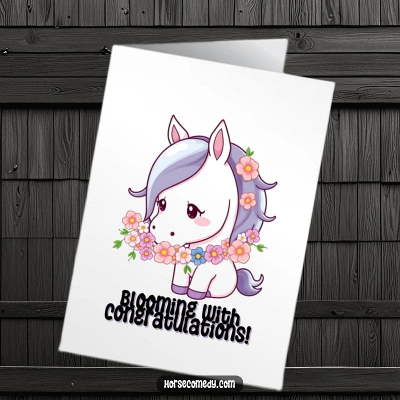 Funny free printable congratulations card featuring a horse adorned with flowers, gently nuzzling the garland.