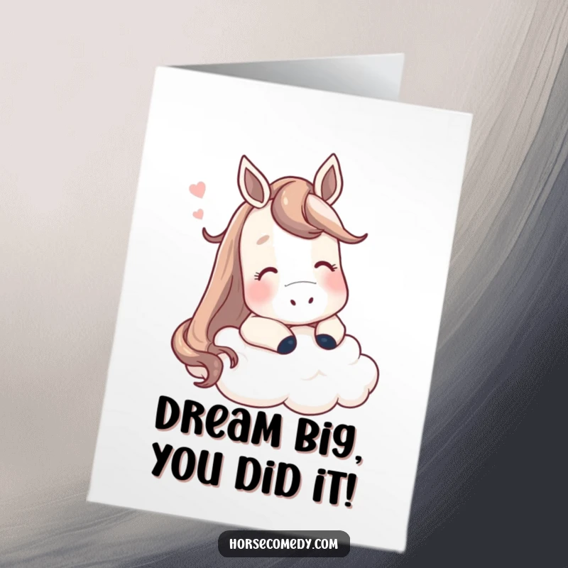 Funny Free Printable Congrats Card: A horse sighs contentedly, head resting on a fluffy cloud, embodying pure joy and success.