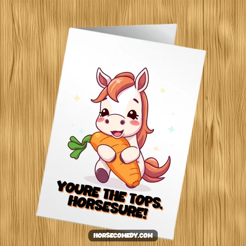 Funny Free Printable Congratulations Card: Horse enthusiastically eating a giant, bright carrot, perfect downloadable celebration gift.