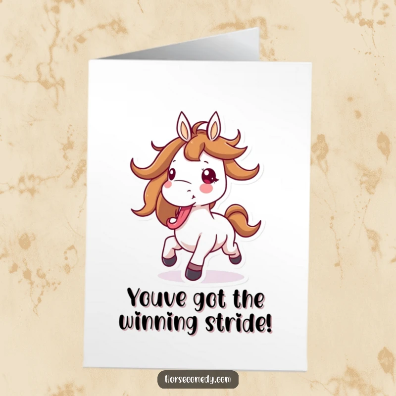 Funny Free Printable Congratulations Card: Horse with flying mane, galloping with tongue out, energetic downloadable gift.