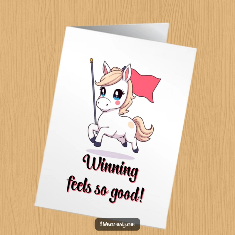 Funny Free Printable Congrats Card! A jubilant horse with sparkling eyes gallops forward, waving a triumphant flag.