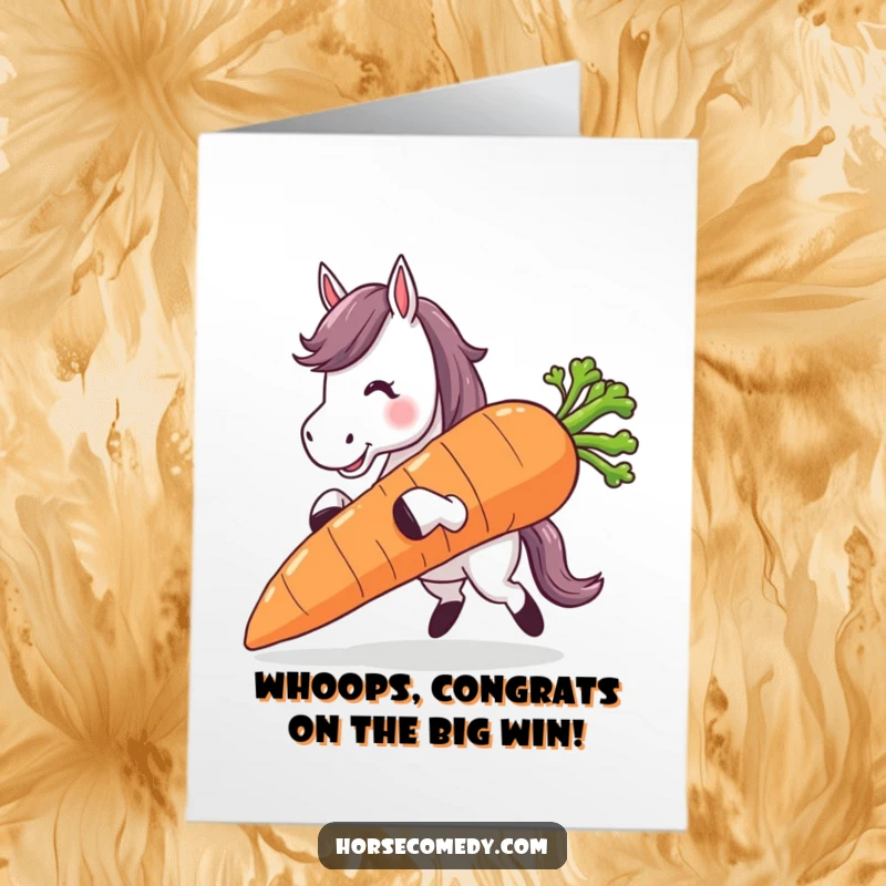 Funny Free Printable Congratulations Card: A horse tripping with an enormous carrot, showing that big goals can lead to funny moments.