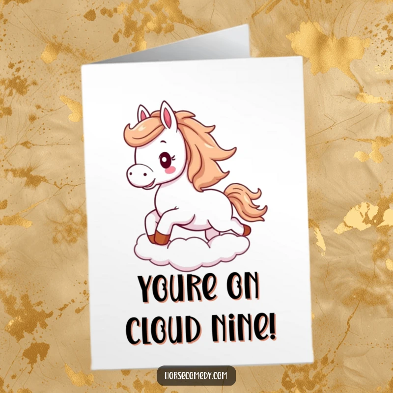 Funny Free Printable Congrats Card: A fluffy horse with a flowing mane joyfully galloping on a cloud, celebrating success.