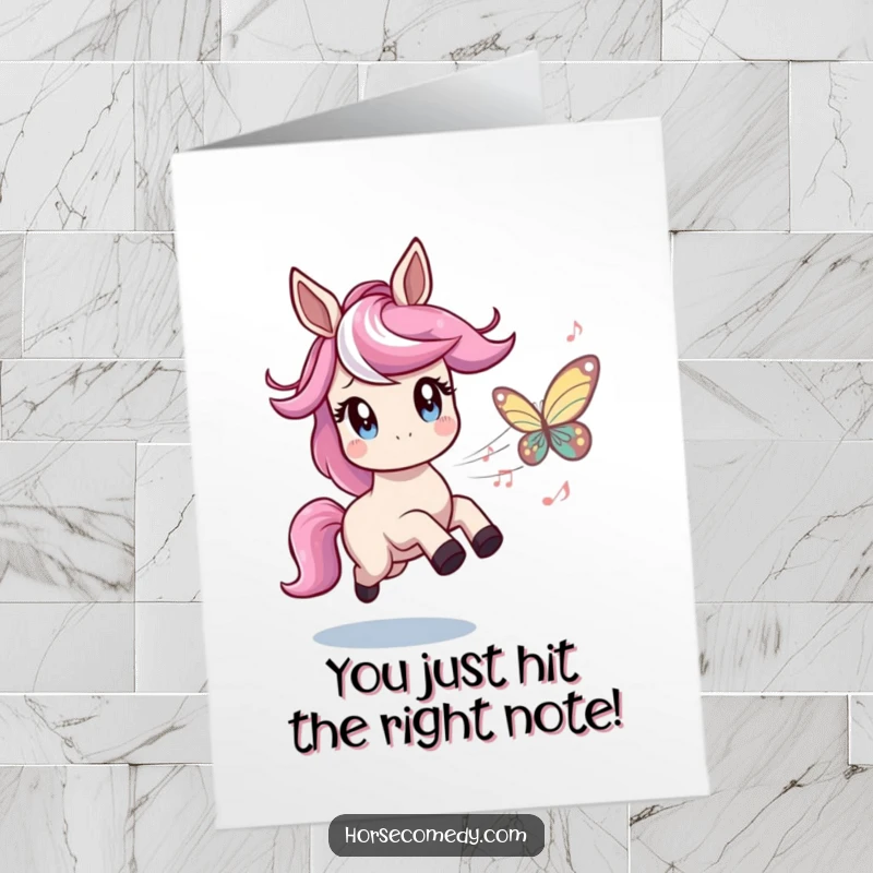 Funny Free Printable Congratulations Card: A horse with bright, twinkling eyes happily chases a delicate butterfly made of flowing musical notes.