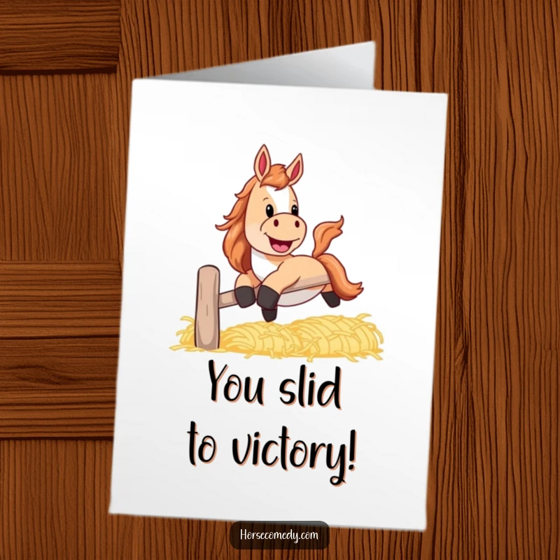 Funny Free Printable Congrats Card: A horse with a wide, playful grin joyfully sliding down a banister made of hay, celebrating.