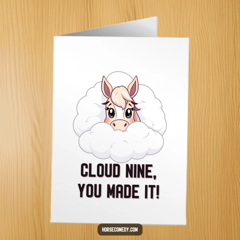 Funny Free Printable Congratulations Card: A horse character peeks curiously from behind a huge, soft cloud with wide, innocent eyes.