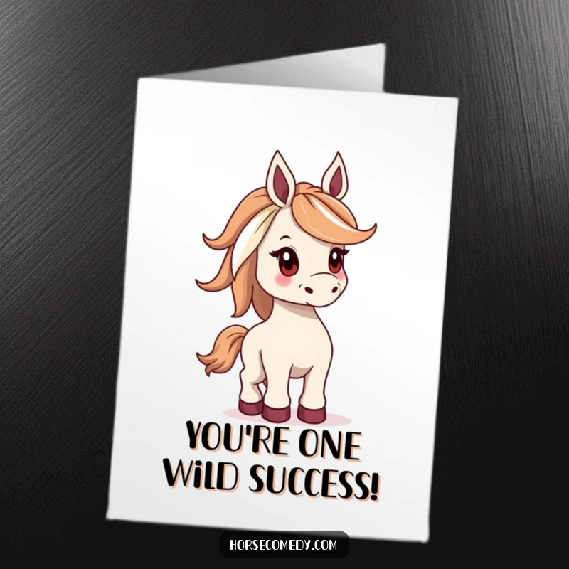 Funny Free Printable Congrats Card: A horse with a magnificent, wide mane bucks with playful abandon, celebrating your success.