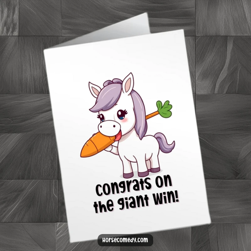 Funny Free Printable Congratulations Card: A horse character gleefully eats a very large, colorful carrot.
