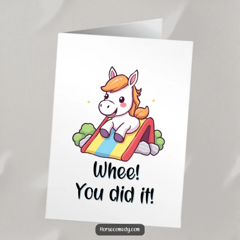 Funny Free Printable Congratulations Card: Horse sliding down a rainbow with a cheerful shout, celebrating a happy occasion.