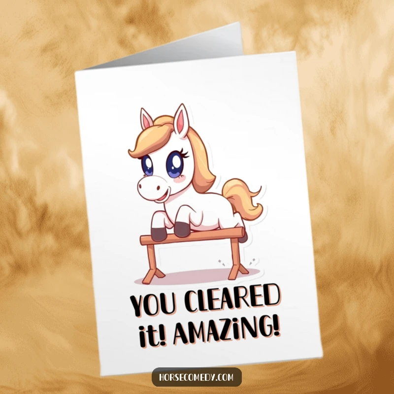 Funny Free Printable Congratulations Card: Horse with big sparkling eyes, joyfully leaping over a hurdle to celebrate success.