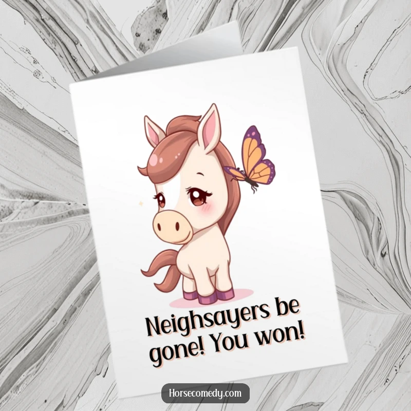 Funny free printable congratulations card showing a horse character curiously tilting its head to admire a passing butterfly, symbolizing appreciation.