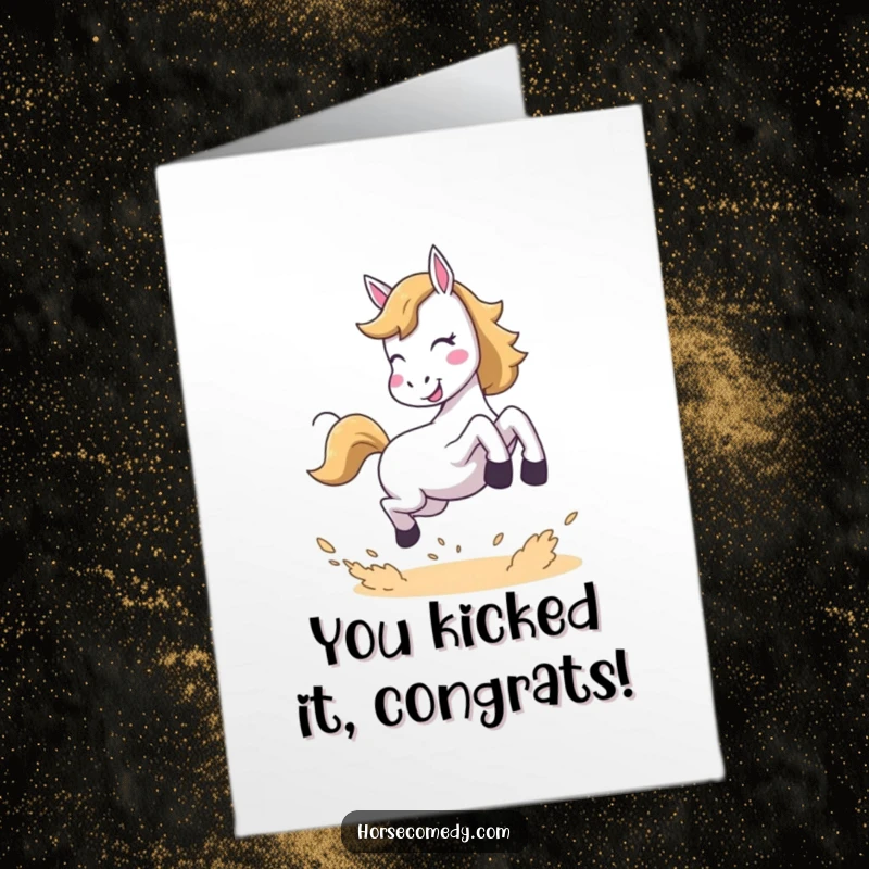 Funny free printable congratulations card: A horse leaps with pure joy, kicking up dust to celebrate a fantastic achievement.